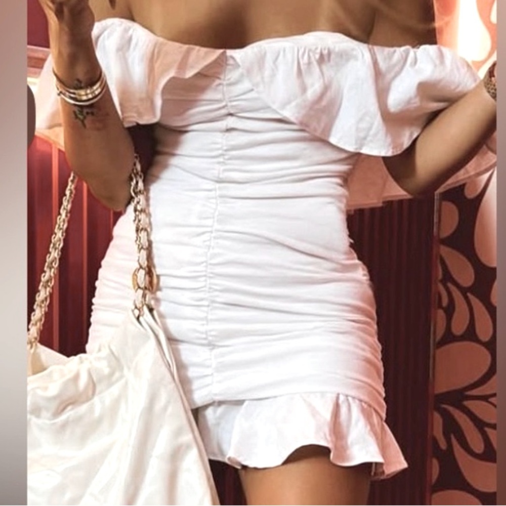 Zara Off-Shoulder Ruched White Dress Small